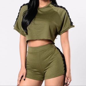 Two piece Lace up crop top and short matching set